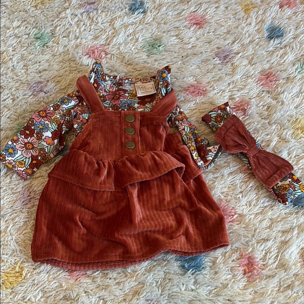 Just Izzy Floral Tee with Rust Corduroy Soft Dress & Matching Headband - 3M